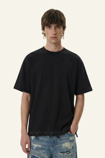 Men's Streetwear  Embroidered Raw-Edge Drop-Shoulder T-Shirt
