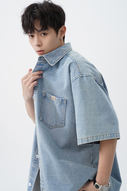 Men's Spring Summer Washed Denim Short Sleeve Japanese Loose