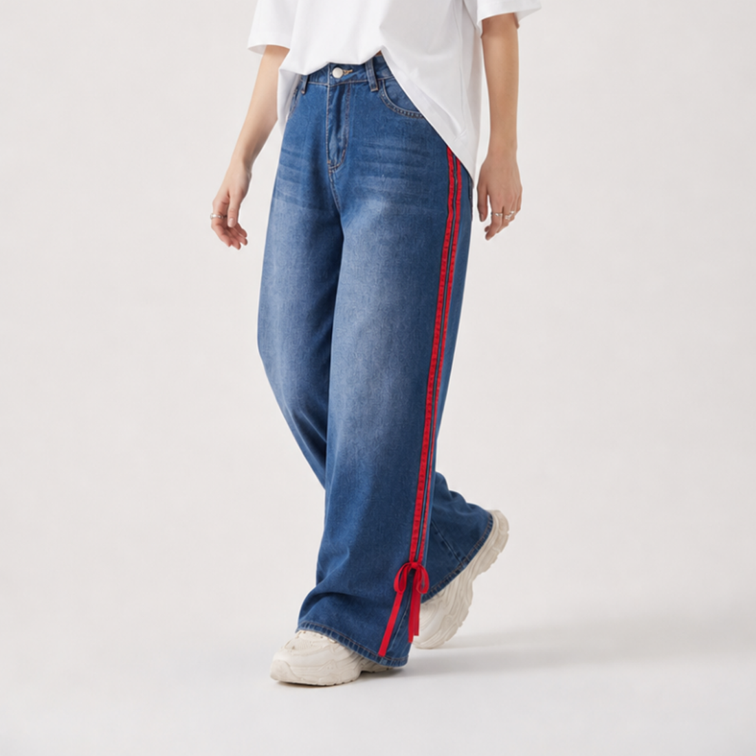 Women's High Waist Wide Leg Jeans with Red Side Stripe