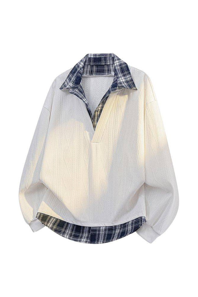 Men's Fall Winter Plaid-Collar Layered Jacquard Sweatshirt