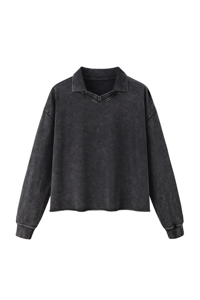 Women Fall Clothing Snow Wash Polo Collar Sweatshirt