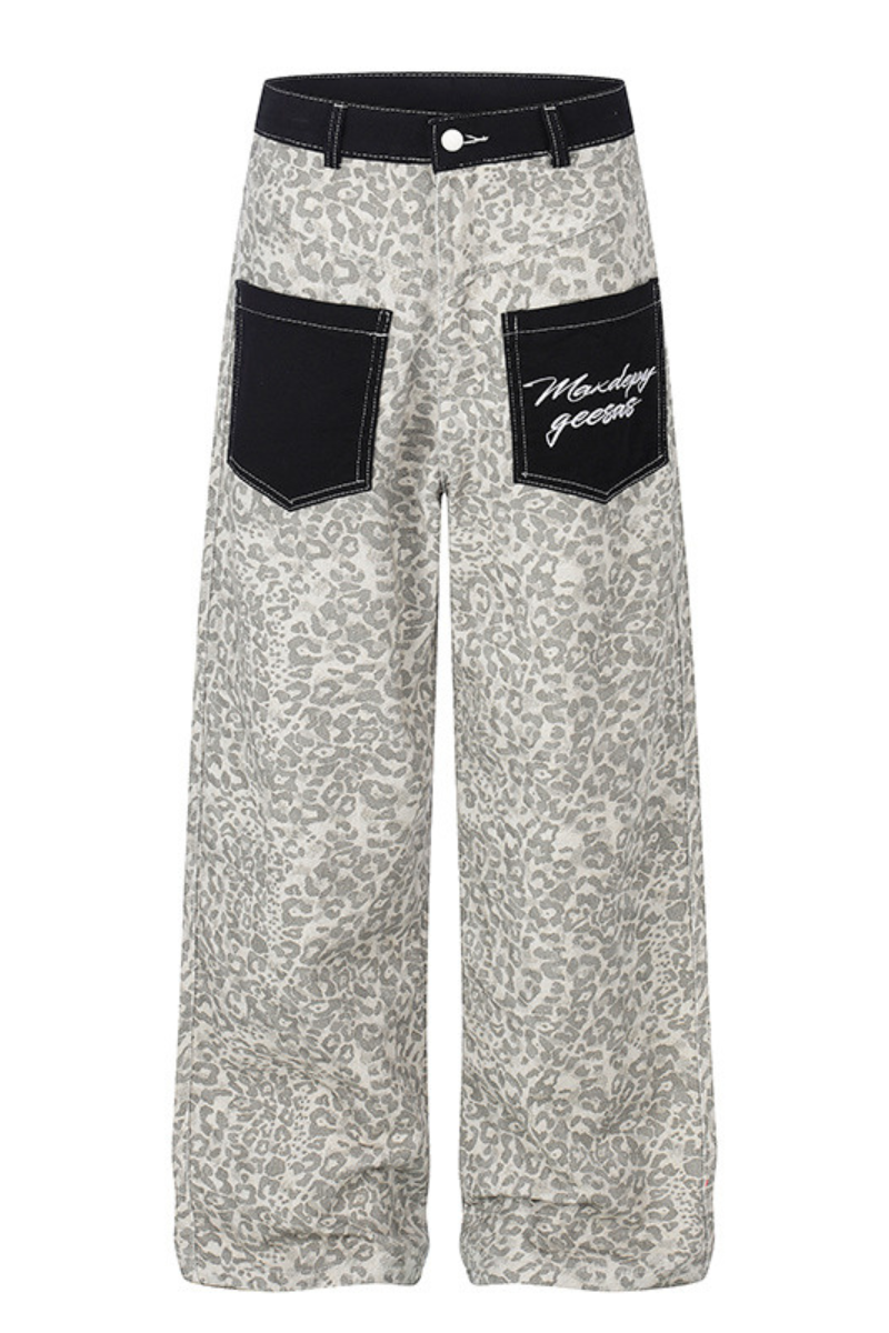 Unisex Spring Retro Colorblock Leopard Wide Straight Jeans