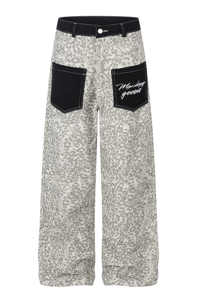 Unisex Spring Retro Colorblock Leopard Wide Straight Jeans