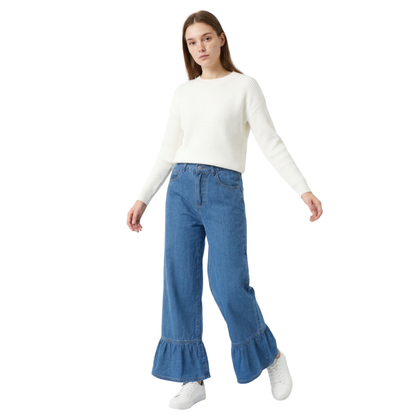 Women's High Waist Ruffle Hem Wide Leg Jeans
