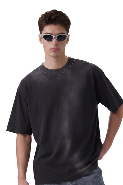 Men's Summer 260g Retro Washed Rivet Distressed Fade Tee