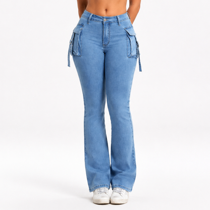 Women's High Waist Stretch Flare Cargo Jeans