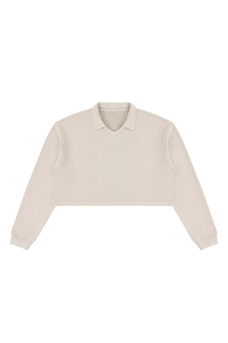 Women Fall Clothing Snow Washed Collared Crop Sweatshirt