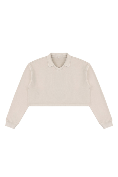Women Fall Clothing Snow Washed Collared Crop Sweatshirt