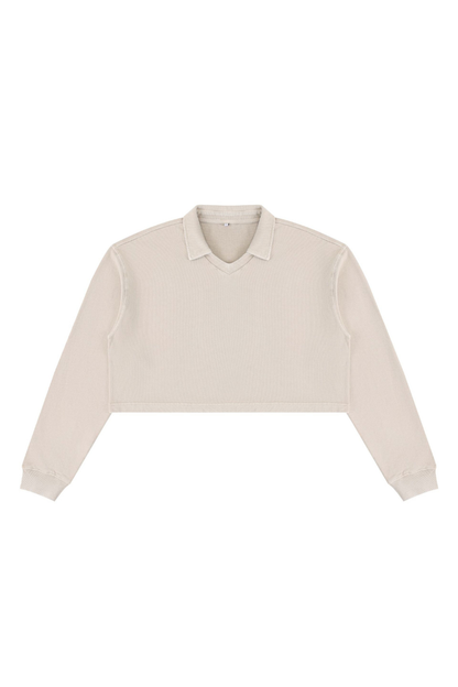 Women Fall Clothing Snow Washed Collared Crop Sweatshirt