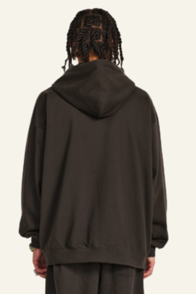 Pure color terry cloth hooded zip-up sweatshirt.