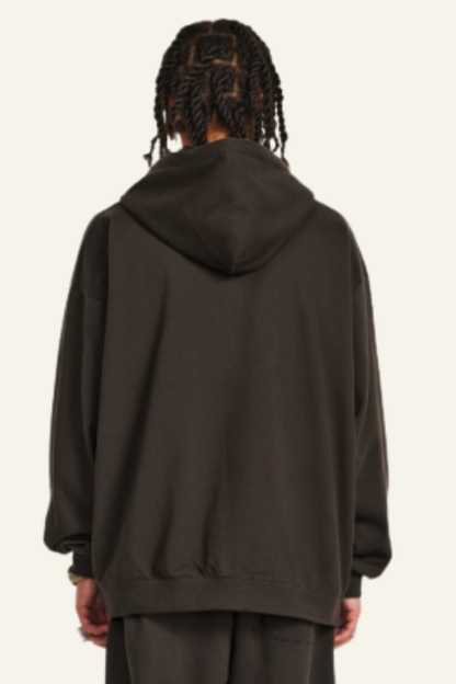 Pure color terry cloth hooded zip-up sweatshirt.