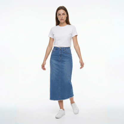 Women's High Waist A-Line Front Slit Denim Midi Skirt