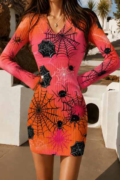 Women Fall Halloween Pumpkin Ribbed Bodycon Mini Dress