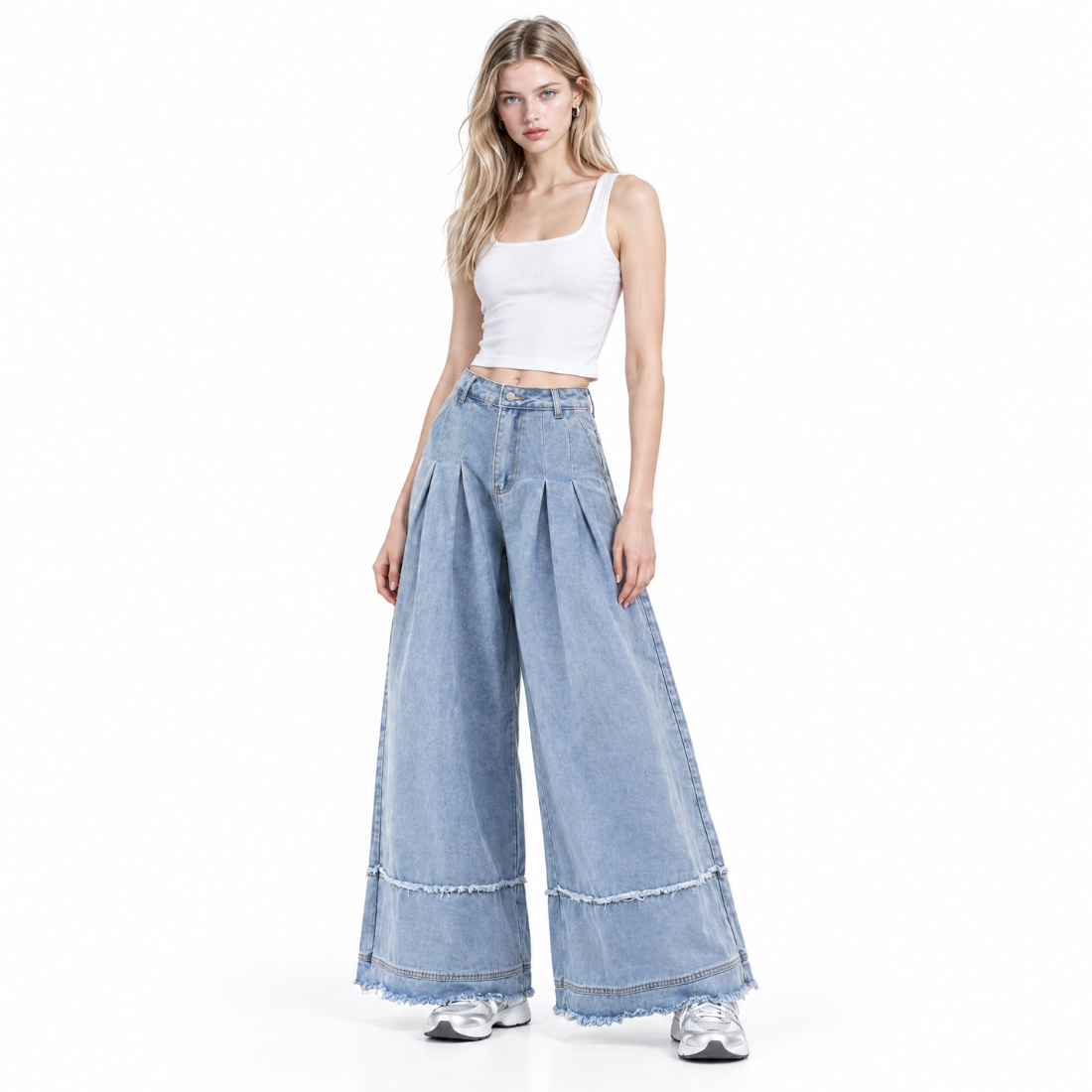 Women's High Waist Pleated Wide Leg Jeans