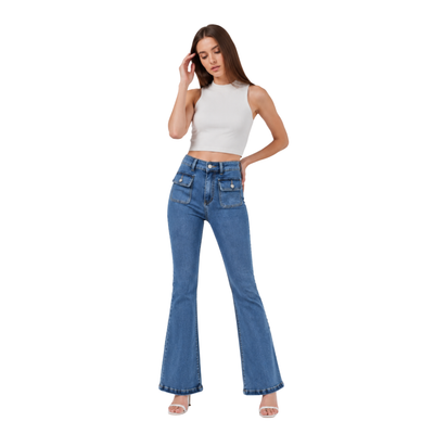 Women's High Waist Flare Jeans with Button Front Pockets