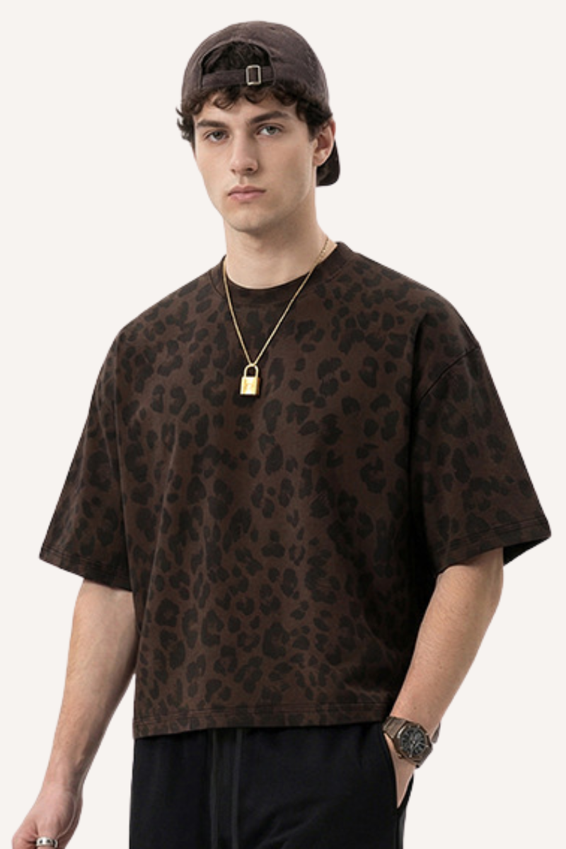 Men's Summer Retro Boxy Leopard Crewneck Loose Tee