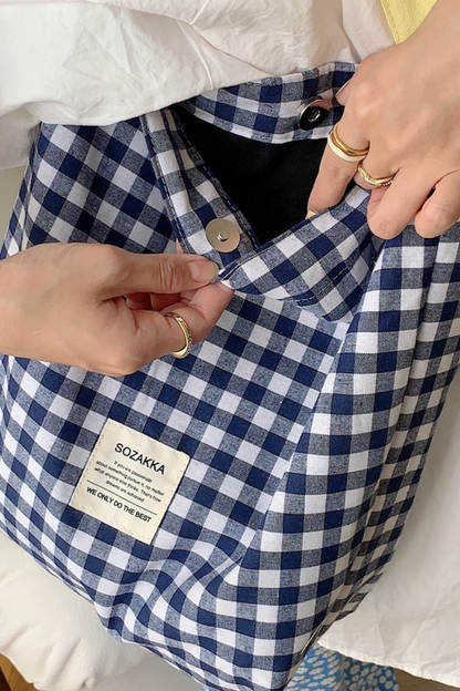 Women Fall Plaid Cotton Large Capacity Shoulder Tote Bag