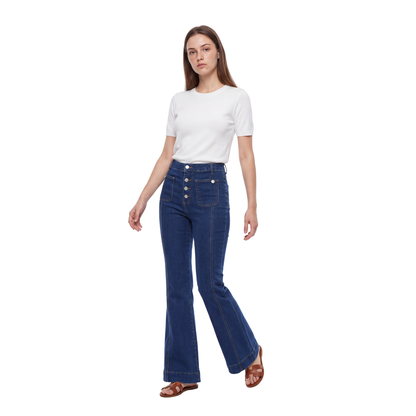 Women's High Waist Button Fly Stretch Flare Jeans
