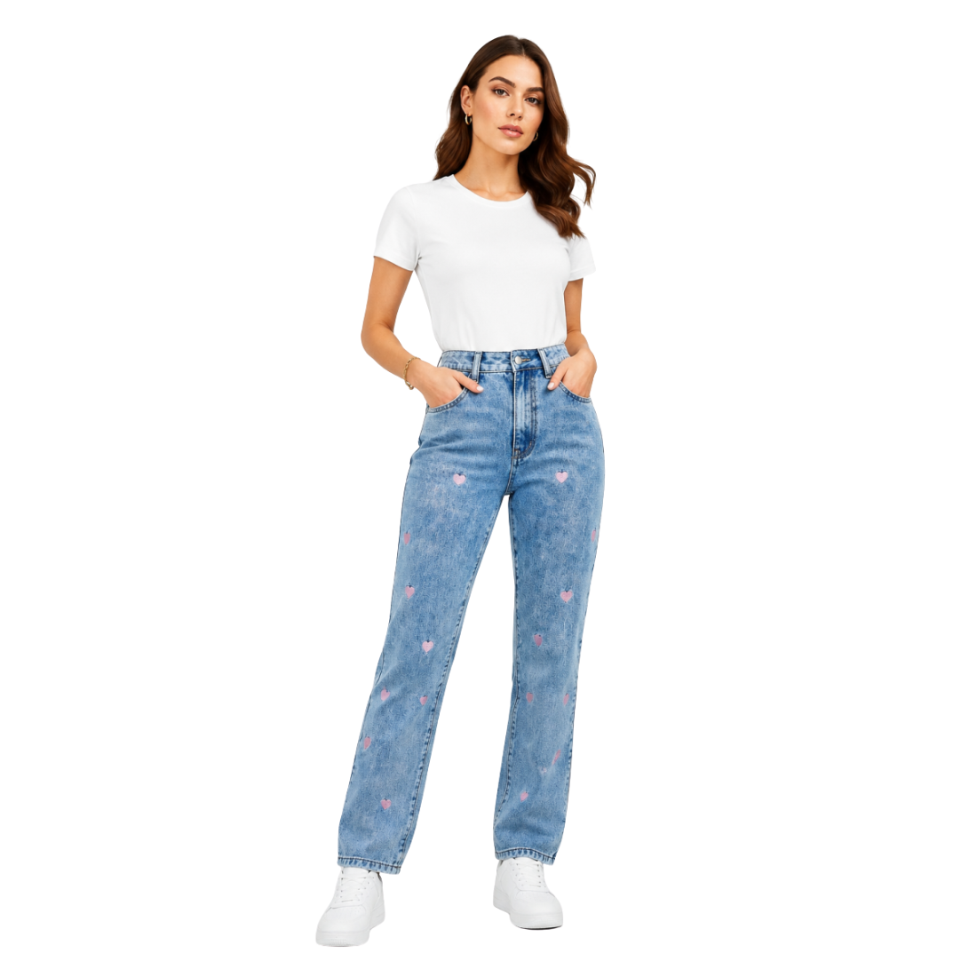 Women's Pink Heart Embroidered Straight Leg Jeans