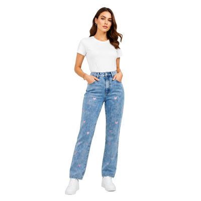 Women's Pink Heart Embroidered Straight Leg Jeans