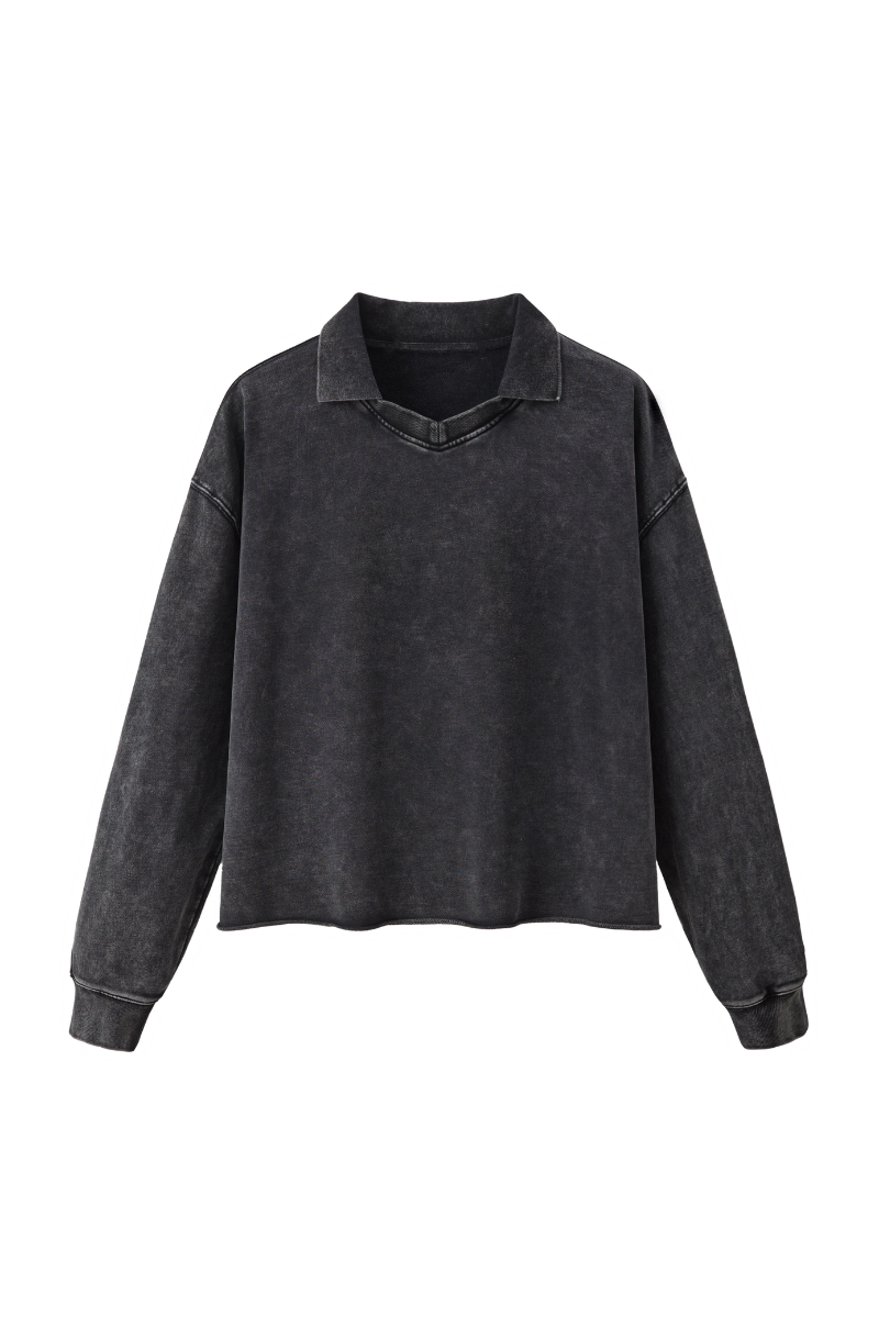 Men Fall Snow Wash Polo Collar Cropped Sweatshirt