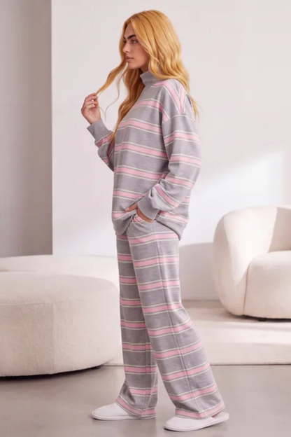 Women All Season Striped Mock Neck Wide Leg Lounge Set