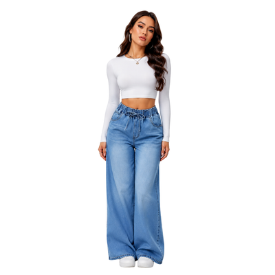 Women's Drawstring Elastic Waist Wide Leg Jeans