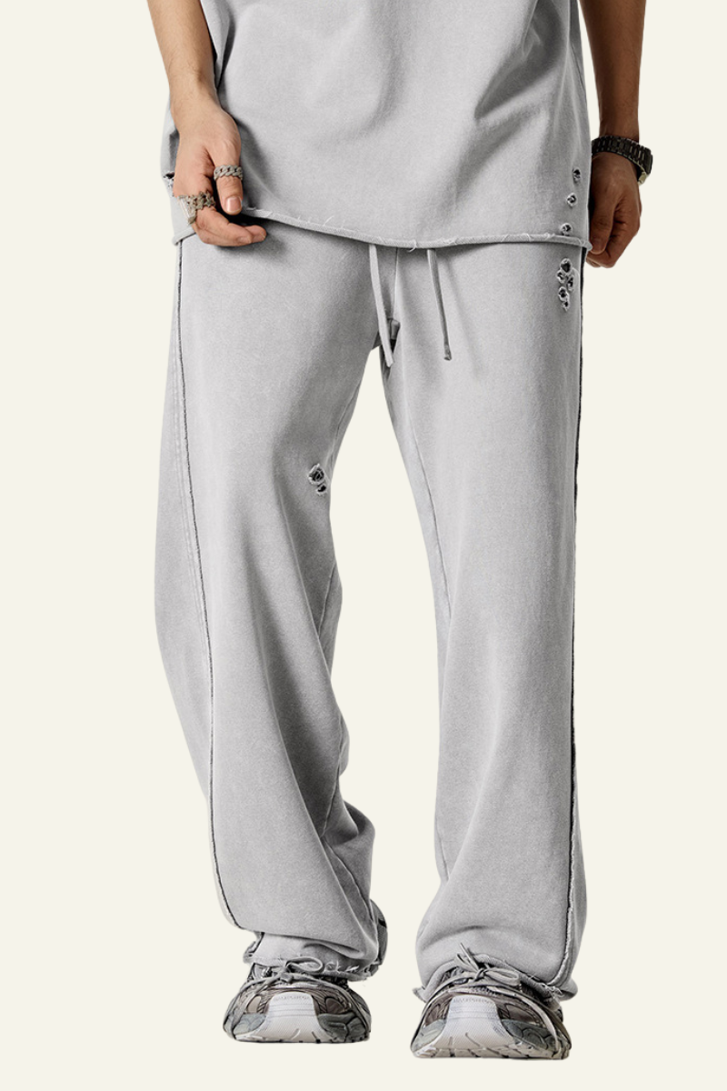 Men's Vintage Washed Frayed Hem Cotton Straight Leg Pants