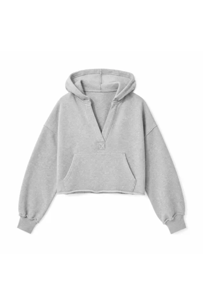 Women Spring Raw Edge V Neck Cropped Pullover Hoodie