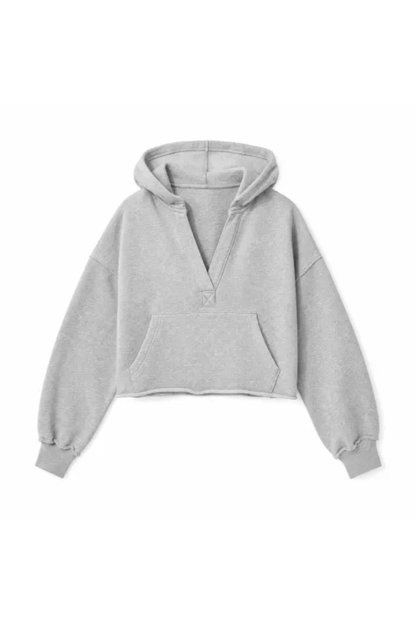 Women Spring Raw Edge V Neck Cropped Pullover Hoodie