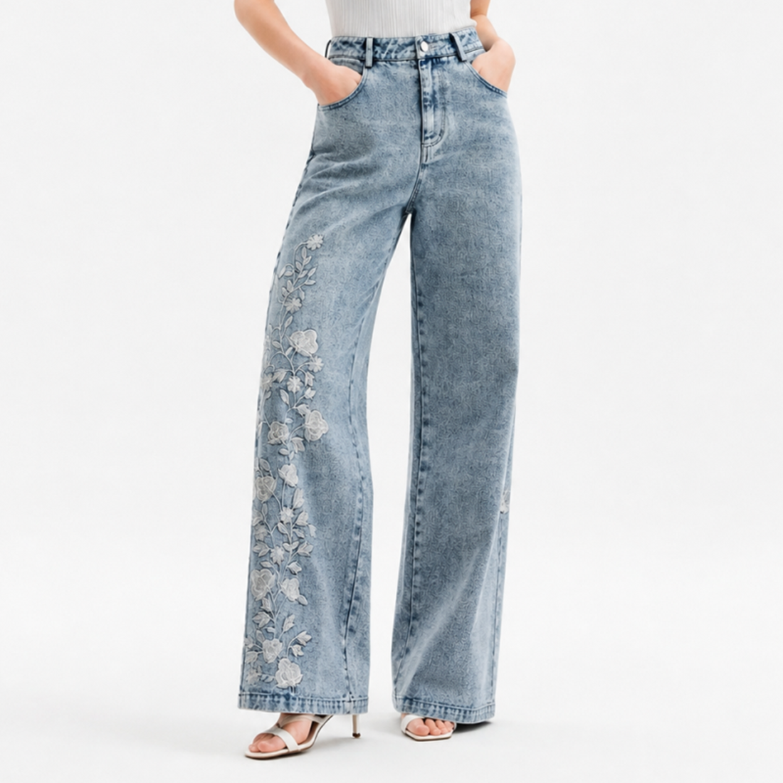 Women's High Waist Floral Embroidered Wide Leg Jeans