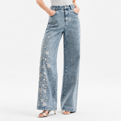 Women's High Waist Floral Embroidered Wide Leg Jeans