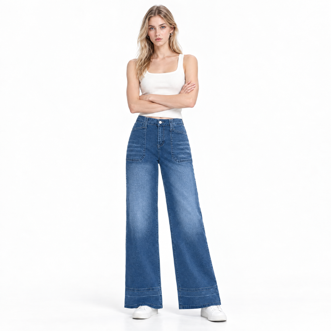 Women's High Waist Patchwork Wide Leg Jeans