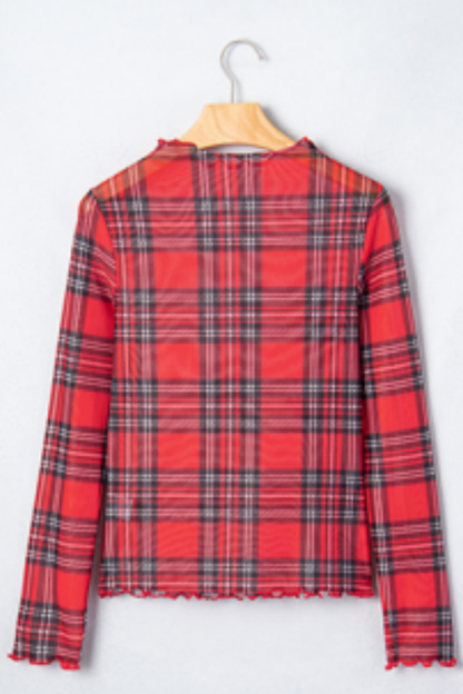 Women's Fall Christmas Red Plaid Sheer Slim Fit Top
