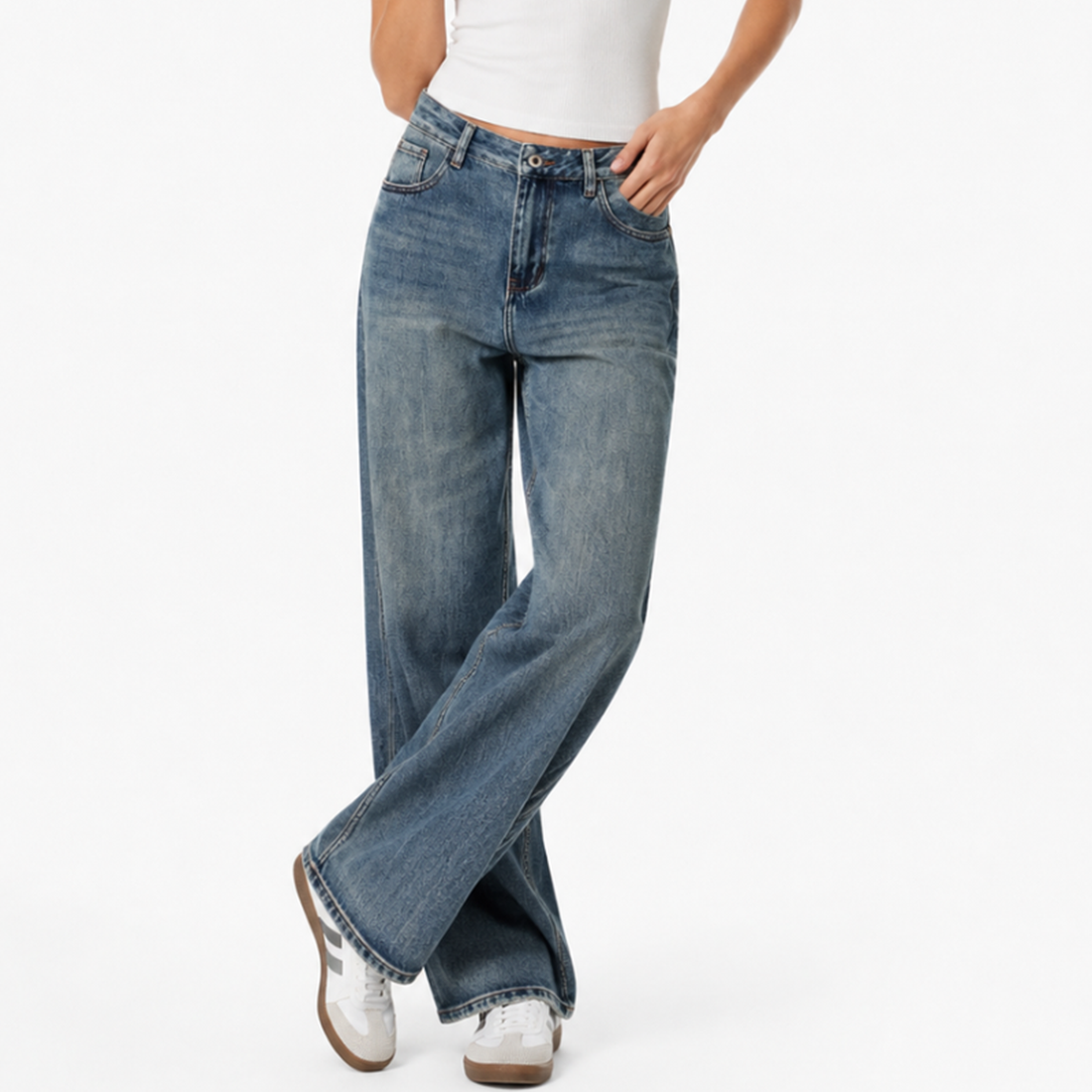 Women's 100% Cotton High Waist Wash Straight Leg Jeans