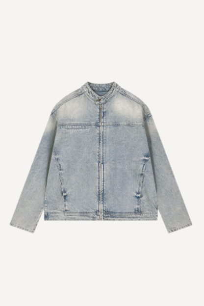 Men's 385g Washed Patchwork Denim StandCollar Zip Jacket