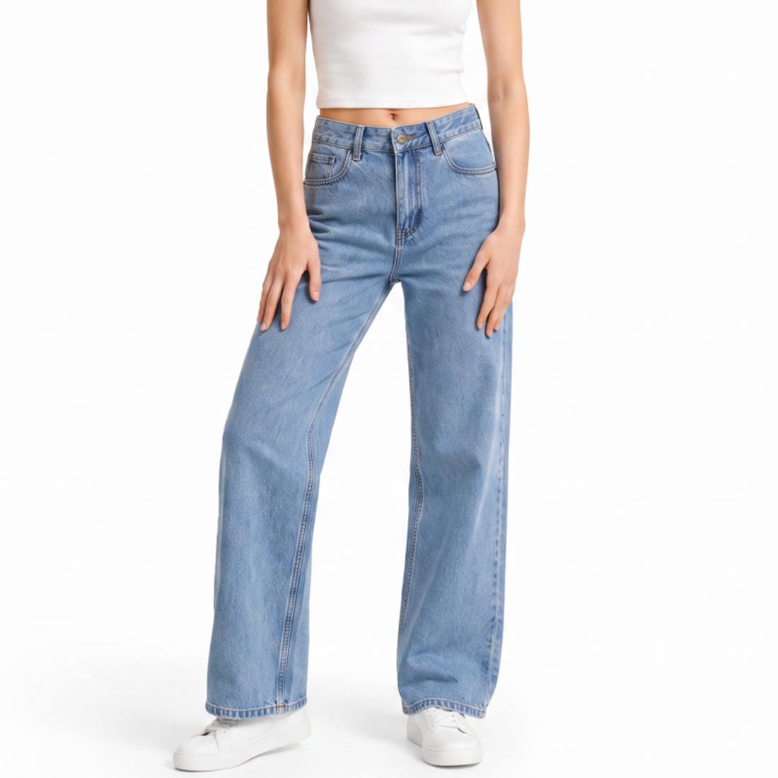 Women's High Waist Washed Straight Leg Jeans