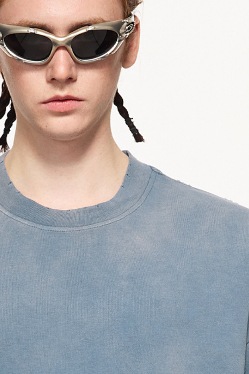 Men's 270g Cotton Spray Fade Mock Neck Washed Distressed Tee