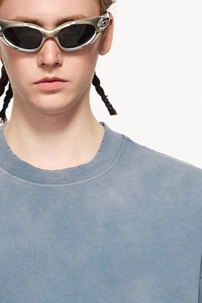 Men's 270g Cotton Spray Fade Mock Neck Washed Distressed Tee