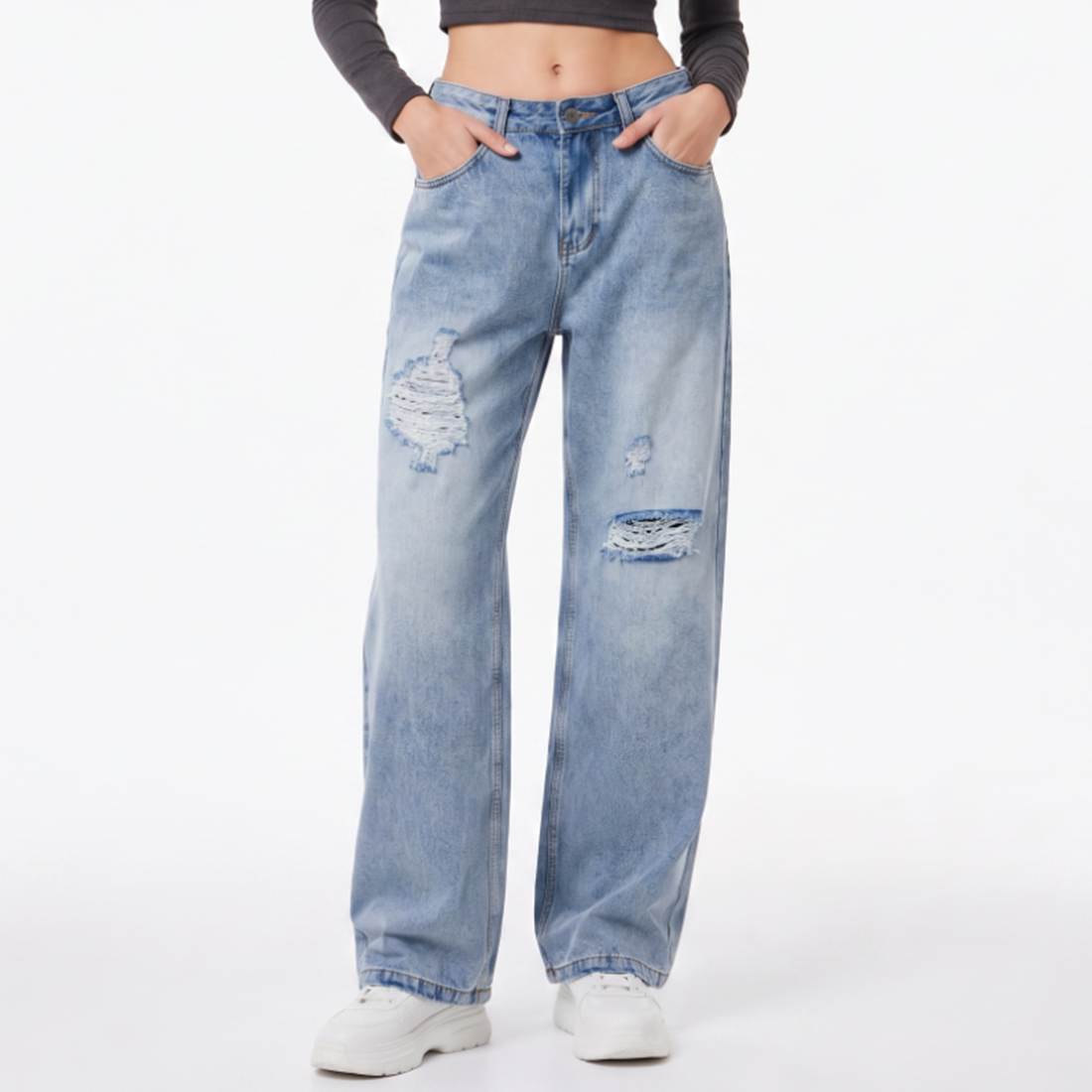 Women's High Waist Ripped Straight Leg Jeans