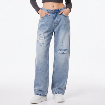 Women's High Waist Ripped Straight Leg Jeans