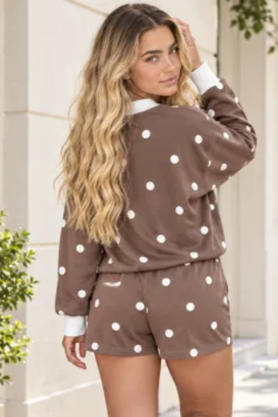 Women Summer Polka Dot Mock Neck Sweatshirt Shorts Set