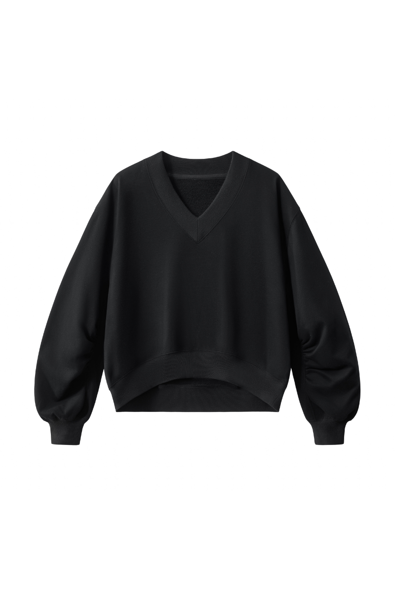 Women Fall V Neck Boxy Cropped Lantern Sleeve Sweatshirt