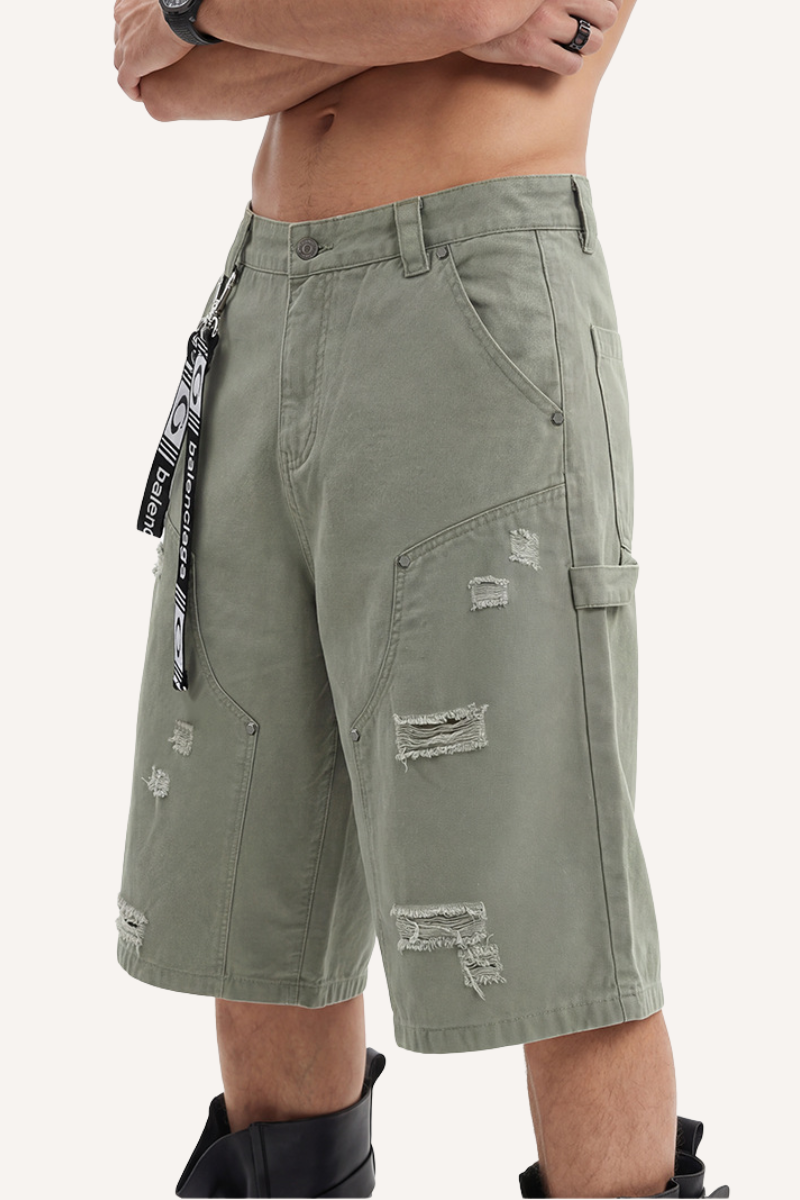 Men's Summer Retro Cargo Ripped Loose 7/8 Washed Shorts