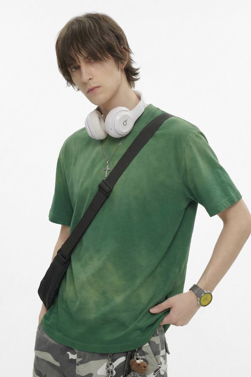Men's Summer Cotton Washed Spray Fade Oversized Tee