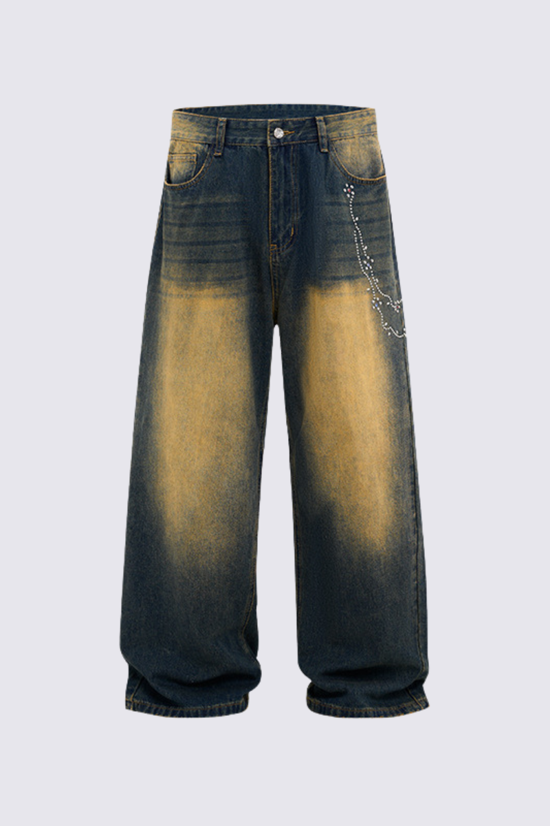 Men's Chain Rhinestone Washed Blue Yellow Fade Wide Jeans