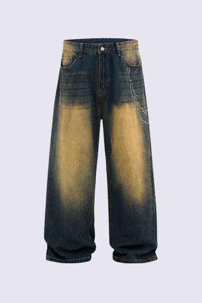 Men's Chain Rhinestone Washed Blue Yellow Fade Wide Jeans