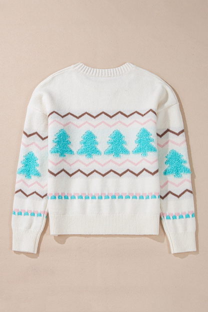 Women's Fall Christmas Tree Rib Trim Crew Neck Sweater