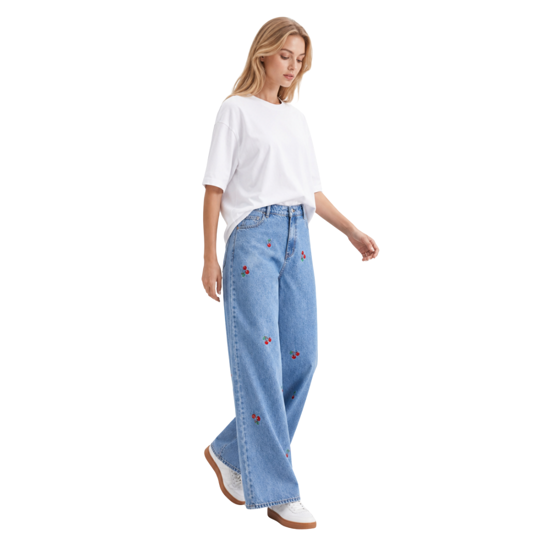 Women's High Waist Cherry Embroidered Wide Leg Jeans