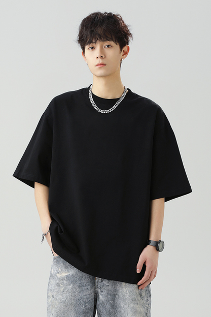 Men's Summer Japanese Loose Cotton Solid Crewneck Basics Tee